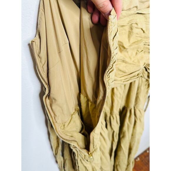 TOCCIN Women's Brown Khaki Square Neck Ruched Bodice Tie Waist Midi Dress Size 8 - Picture 14 of 16